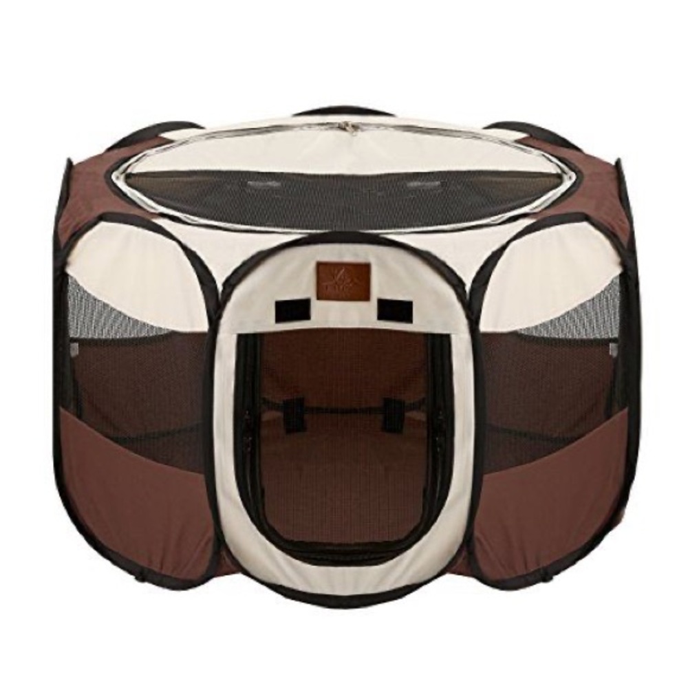 Portable and Foldable Dog Playpen in Brown and Cream - size small